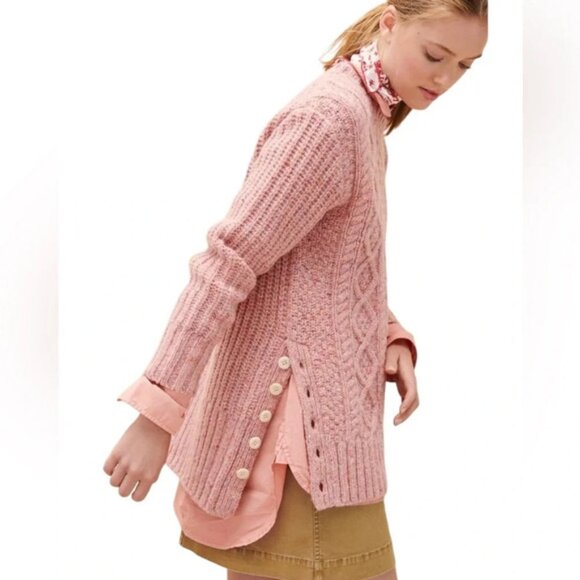 Alex Mill Pink Aran Cable Knit Merino Wool Side Button Sweater - Picture 2 of 13
